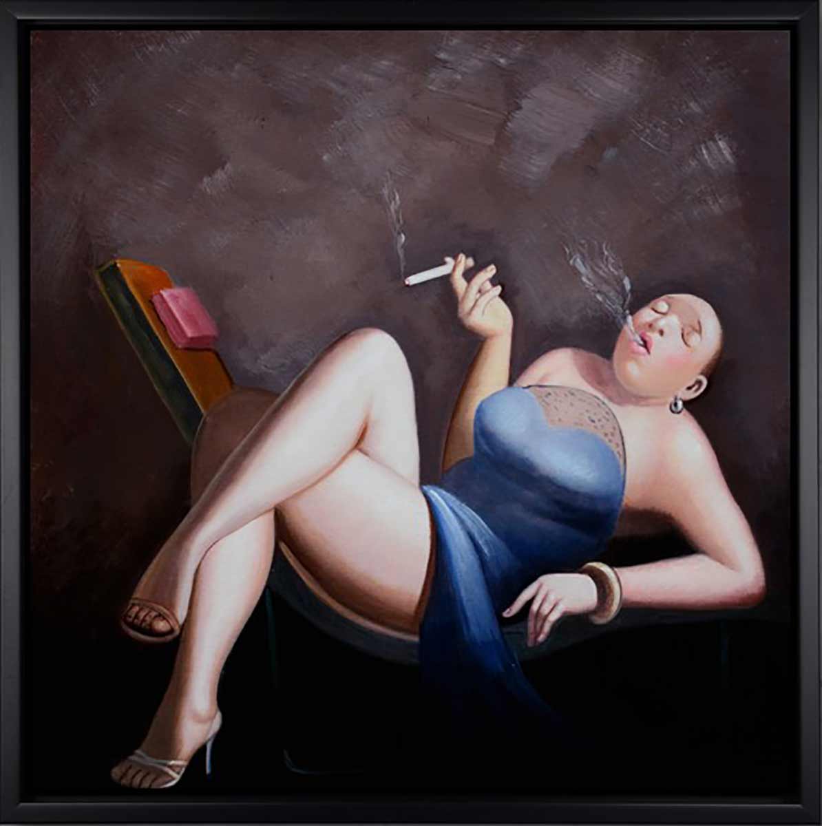 Handgemaltes Ölgemälde (Portraits) - "Leisure Lady 4" (mit schwarzem Rahmen)