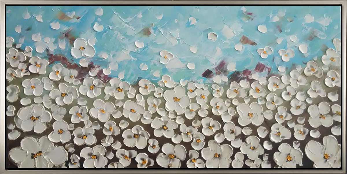 Handgemaltes Ölgemälde (Natur-Schönheiten) - "White Meadow" (mit silbernem Rahmen)