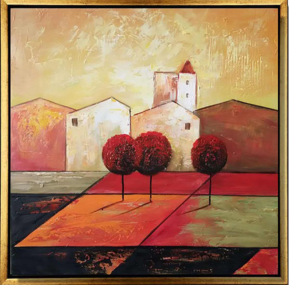 Handgemaltes Ölgemälde (Abstrakt) - "Edge of City" (mit goldenem Rahmen)