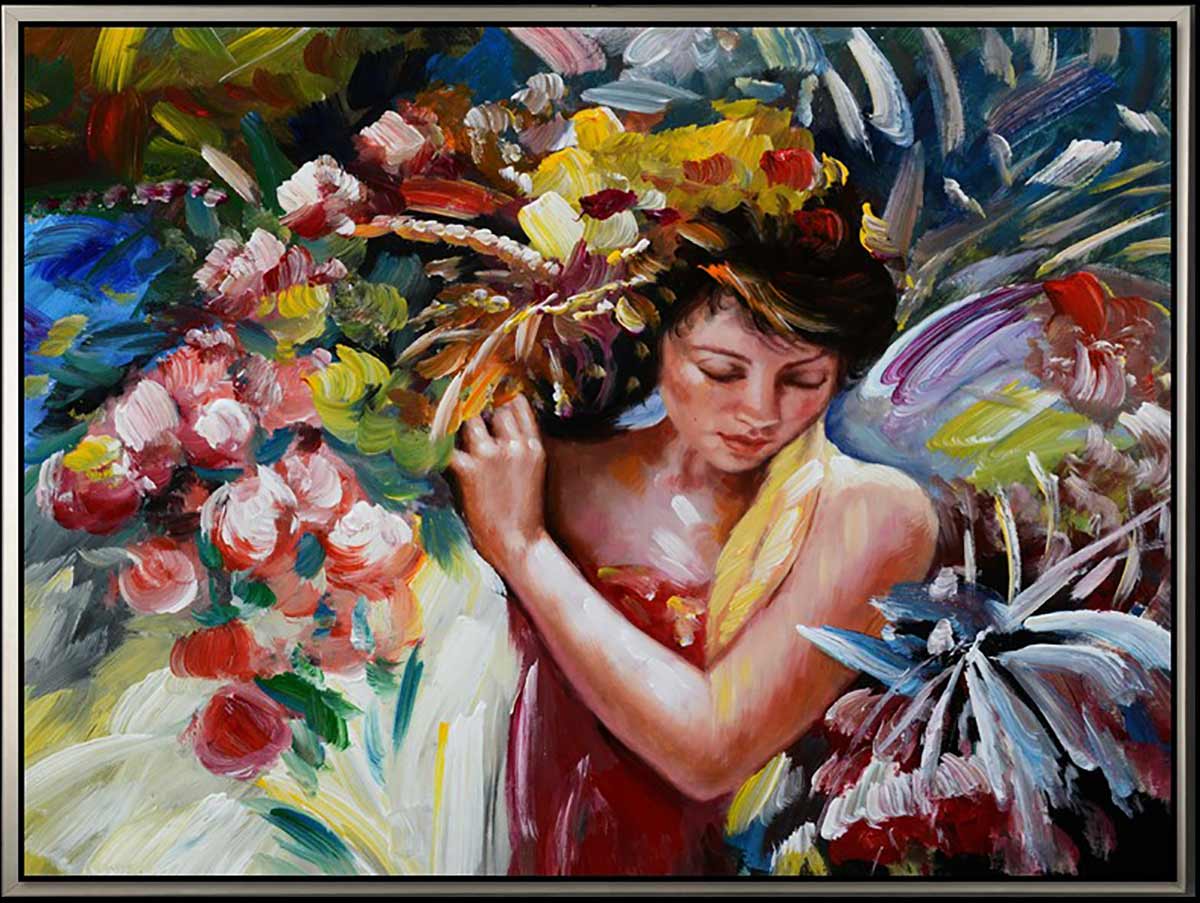 Handgemaltes Ölgemälde (Portraits) - "Harvesting Flowers" (mit silbernem Rahmen)