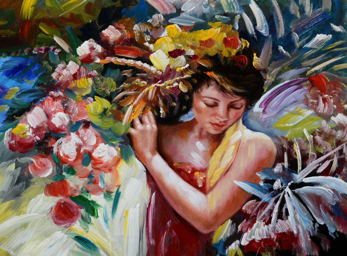 Handgemaltes Ölgemälde (Portraits) - "Harvesting Flowers" (ohne Rahmen)