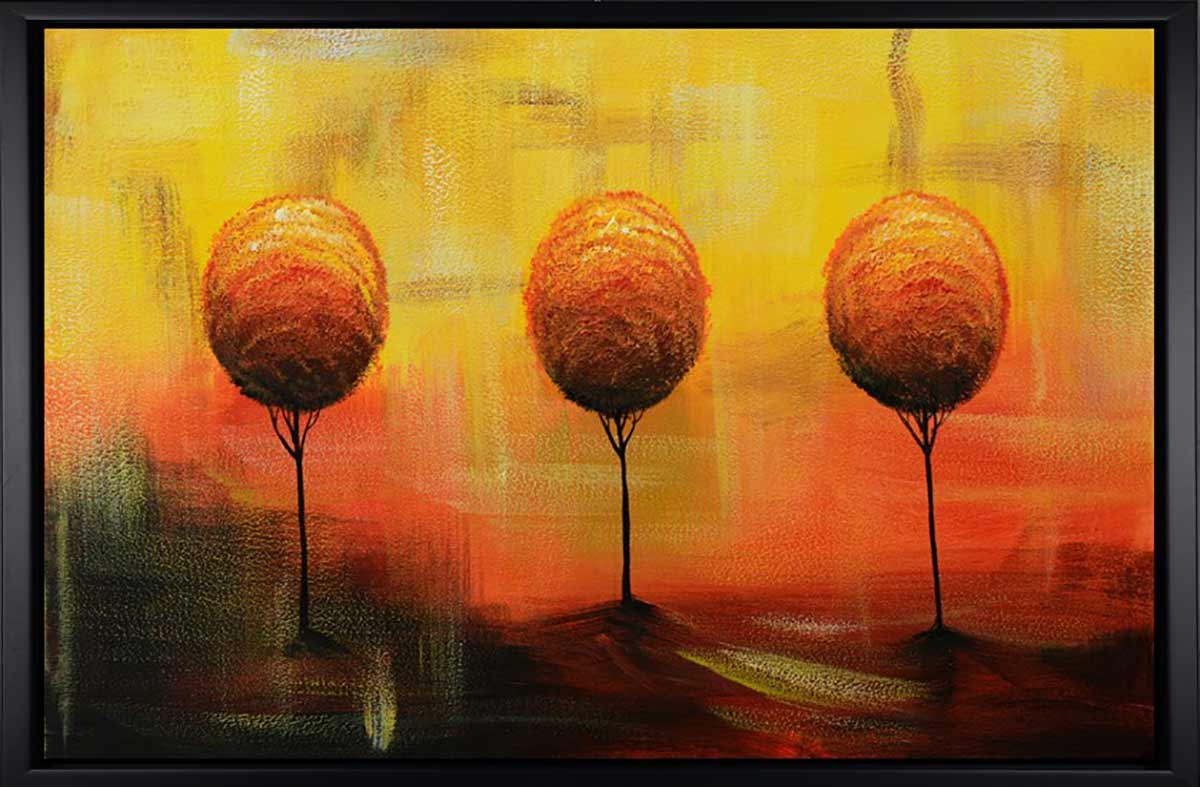 Handgemaltes Ölgemälde (Landschaften) - "Tree Threesome" (mit schwarzem Rahmen)
