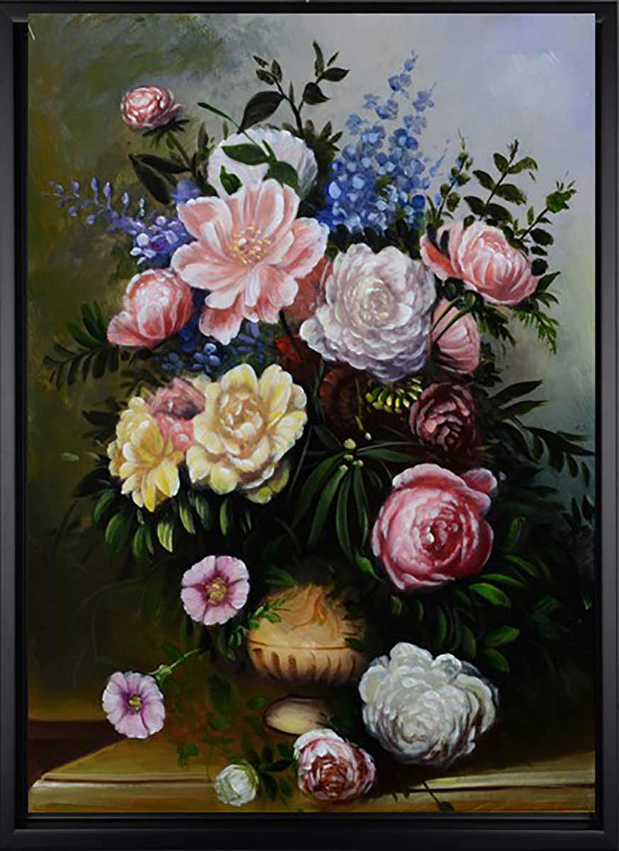 Handgemaltes Ölgemälde (Natur-Schönheiten) - "Vase Bouquet 1" (mit schwarzem Rahmen)