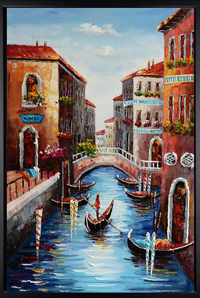 Handgemaltes Ölgemälde (Landschaften) - "Venice Gondola 1" (mit schwarzem Rahmen)
