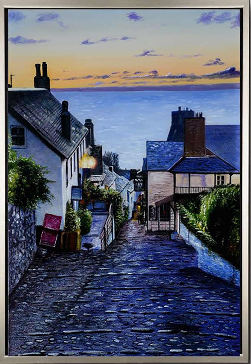 Handgemaltes Ölgemälde (Landschaften) - "Sunset in Village" (mit silbernem Rahmen)