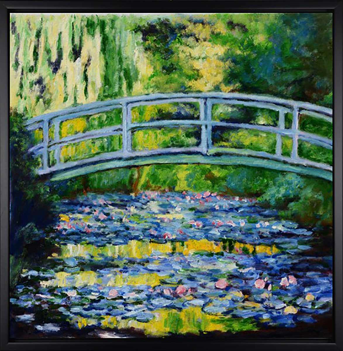 Handgemaltes Ölgemälde (Landschaften) - "Bridge over flowered Waters" (mit schwarzem Rahmen)