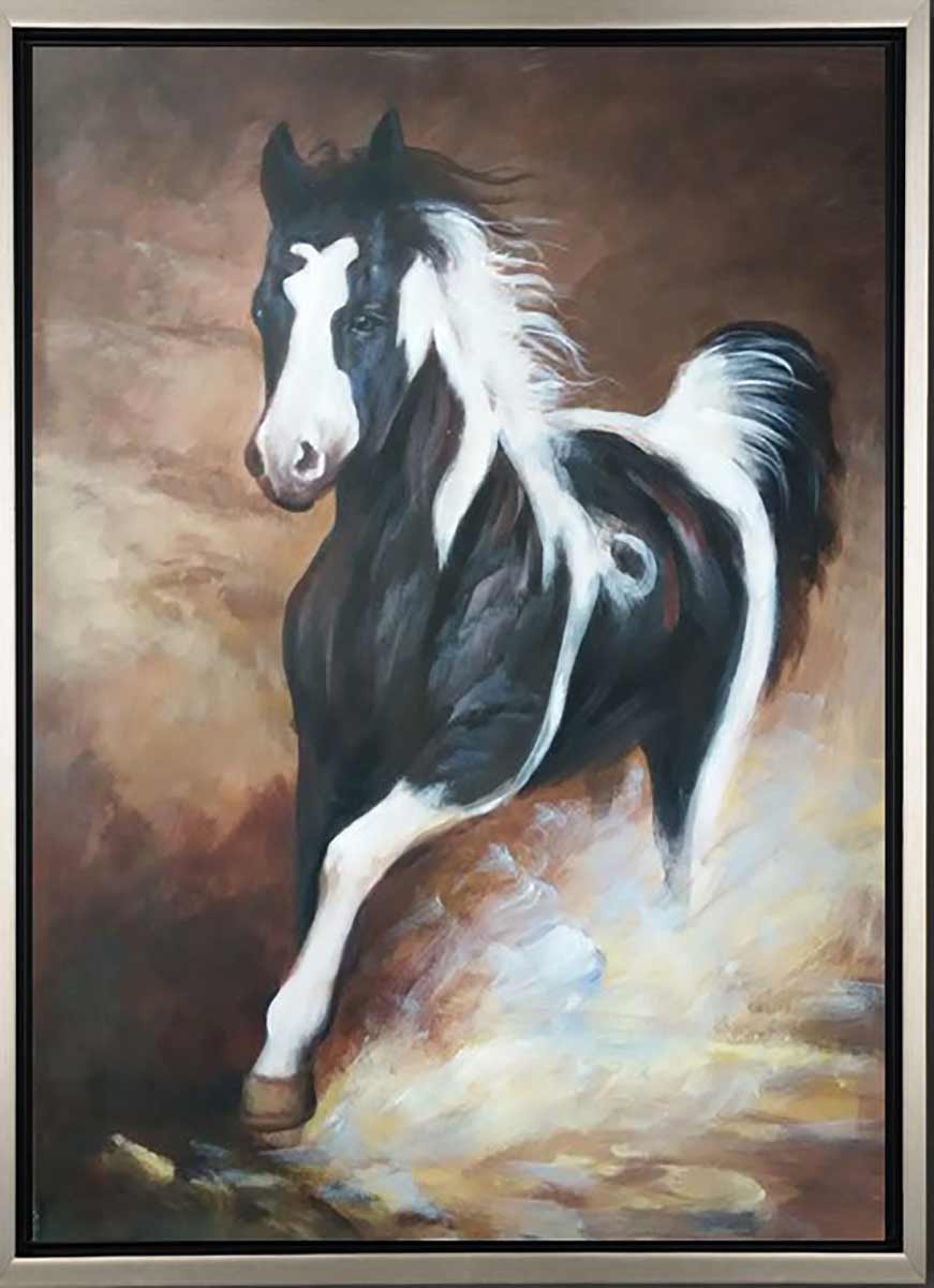 Handgemaltes Ölgemälde (Tiere) - "Racing Horse" (mit silbernem Rahmen)
