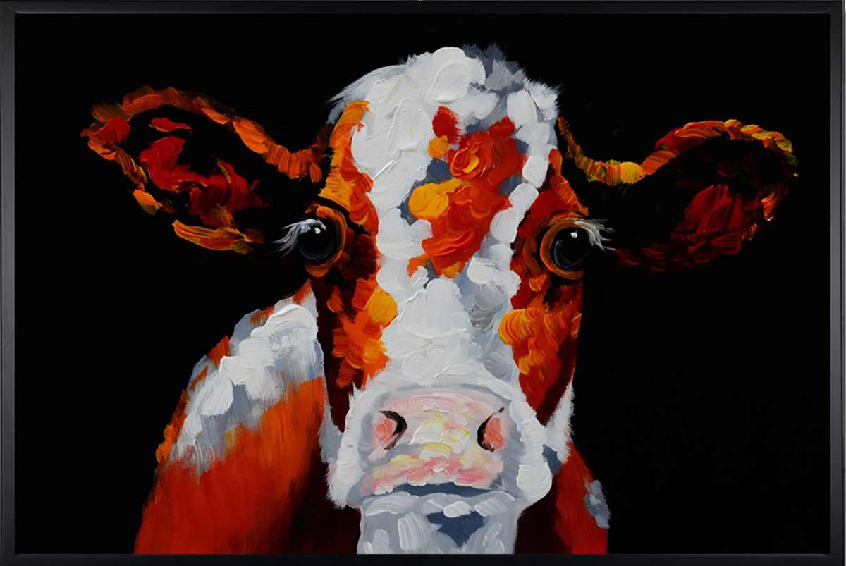 Handgemaltes Ölgemälde (Tiere) - "Confused Cow" (mit schwarzem Rahmen)