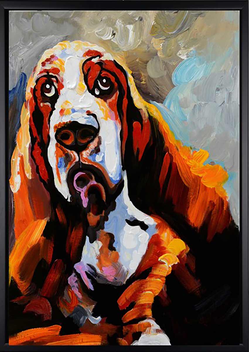 Handgemaltes Ölgemälde (Tiere) - "Sad Dog" (mit schwarzem Rahmen)