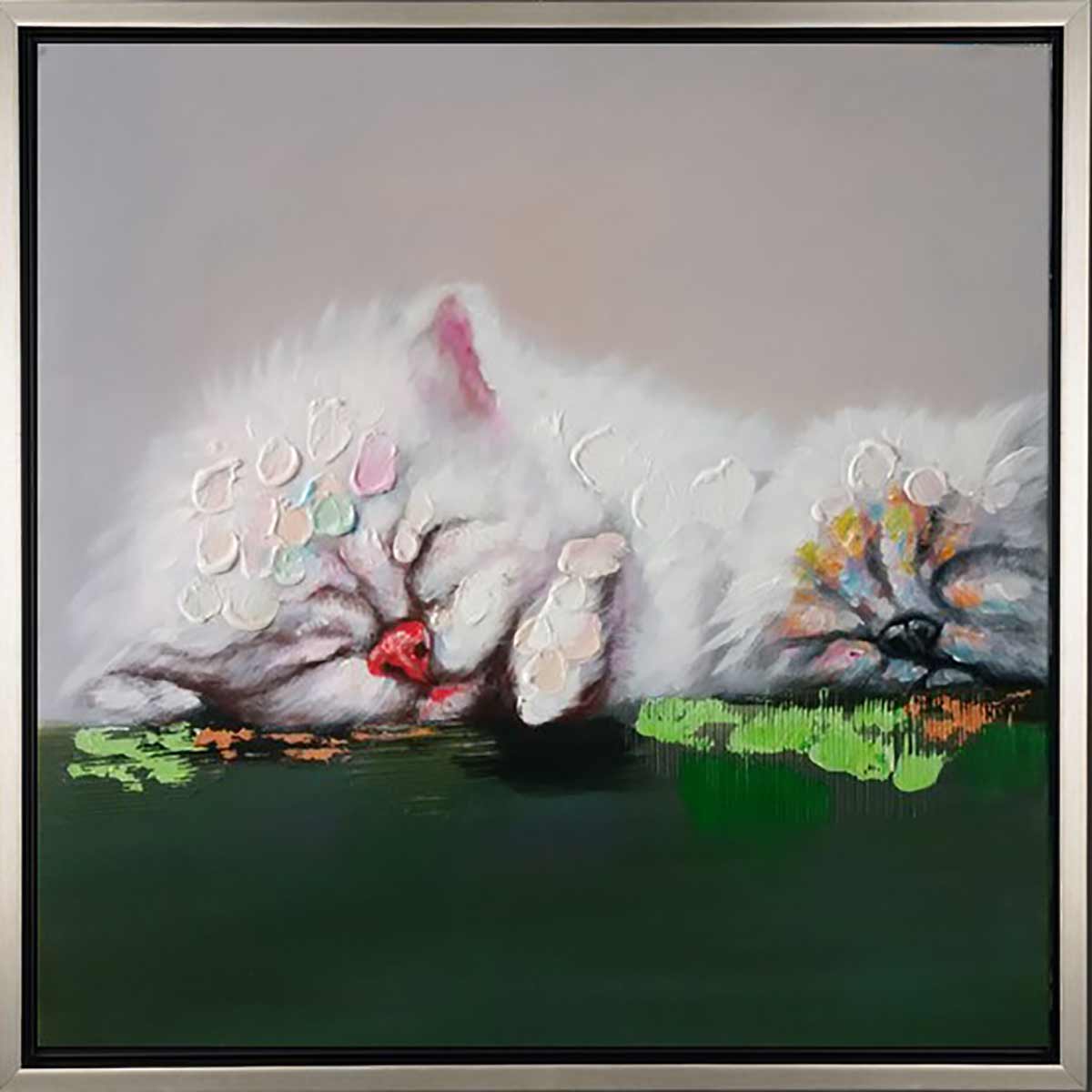 Handgemaltes Ölgemälde (Tiere) - "Dozing Kitty" (mit silbernem Rahmen)