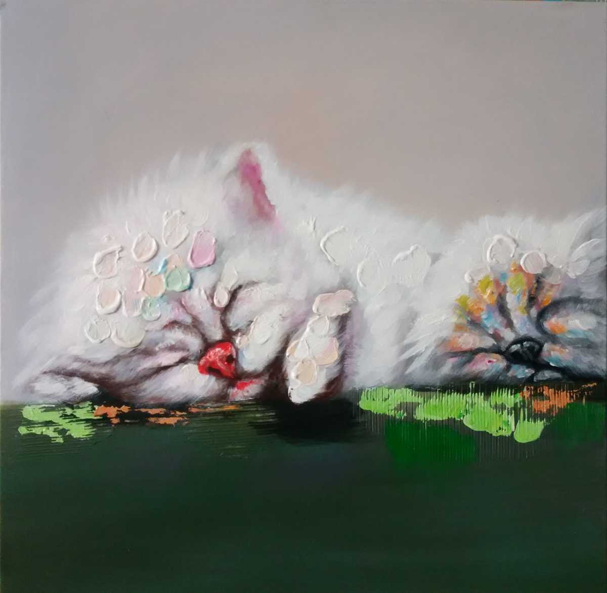 Handgemaltes Ölgemälde (Tiere) - "Dozing Kitty" (ohne Rahmen)