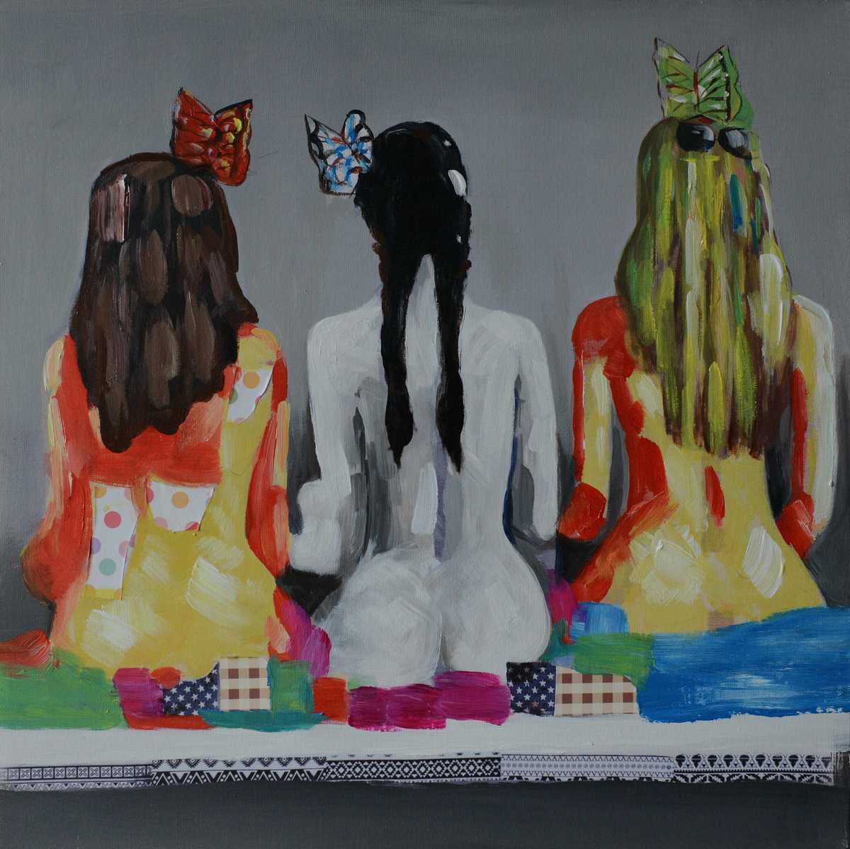 Handgemaltes Ölgemälde (Portraits) - "Three Girls in a Row" (ohne Rahmen)