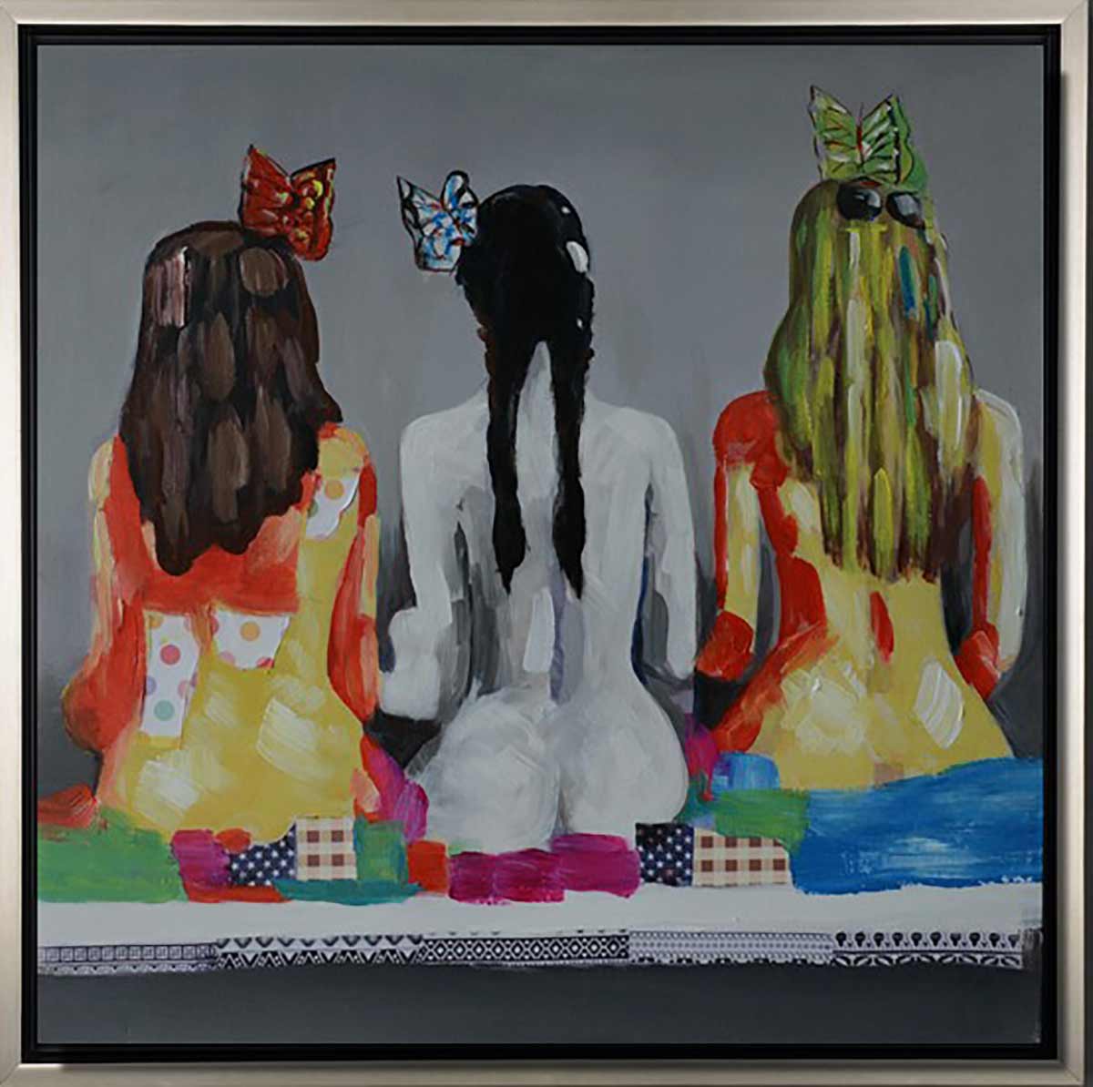 Handgemaltes Ölgemälde (Portraits) - "Three Girls in a Row" (mit silbernem Rahmen)