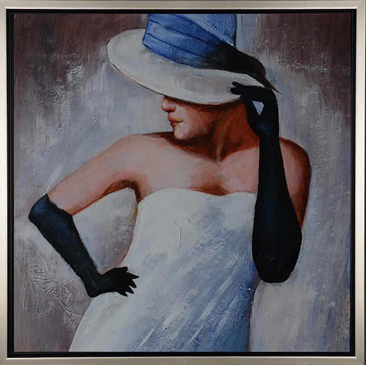 Handgemaltes Ölgemälde (Portraits) - "Girl with Hat" (mit silbernem Rahmen)