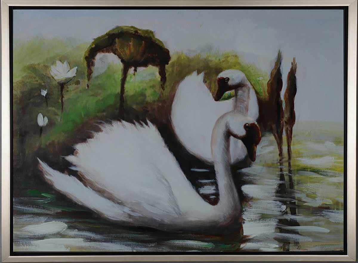 Handgemaltes Ölgemälde (Tiere) - "Swans in Lake" (mit silbernem Rahmen)