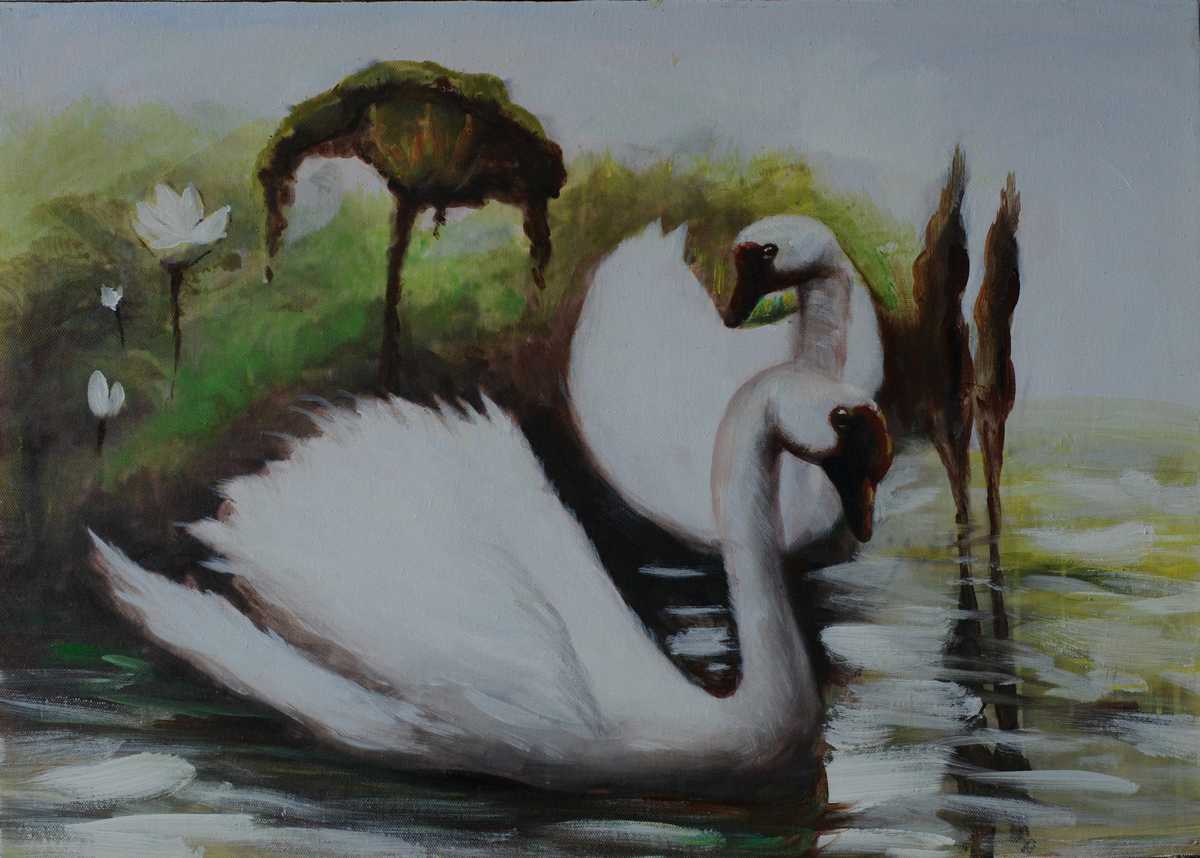 Handgemaltes Ölgemälde (Tiere) - "Swans in Lake"