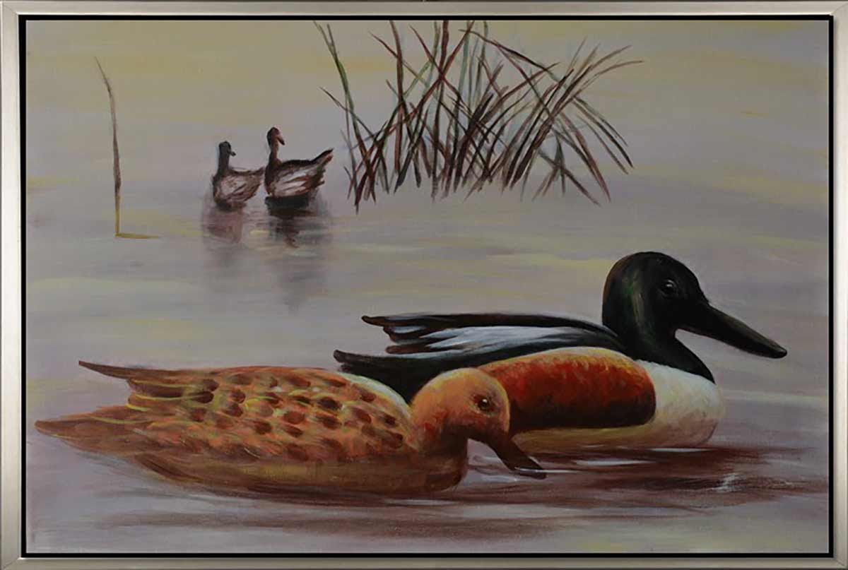 Handgemaltes Ölgemälde (Tiere) - "Ducks in Lake" (mit silbernem Rahmen)