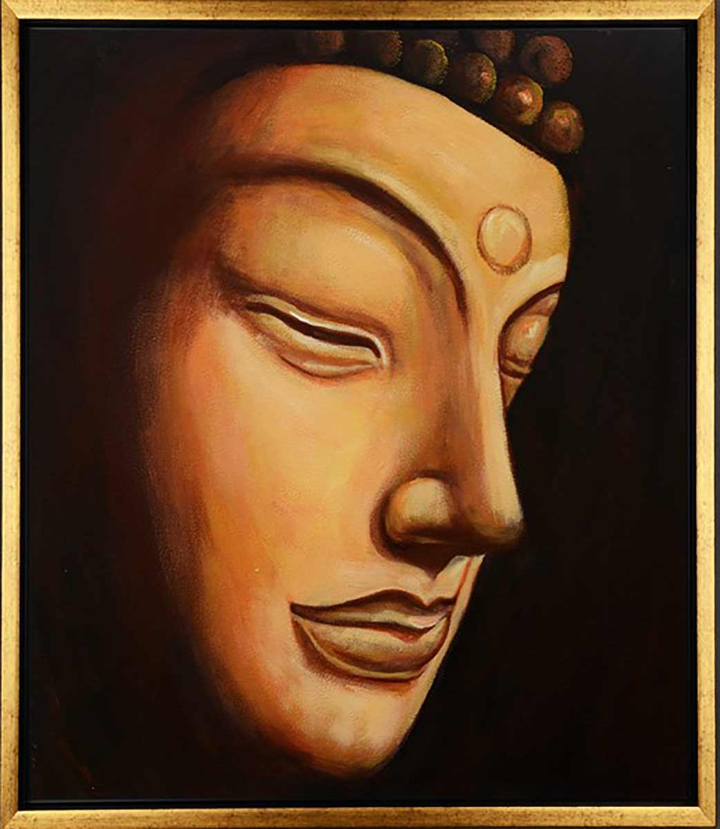Handgemaltes Ölgemälde (Portraits) - "Buddha 3" (mit goldenem Rahmen)
