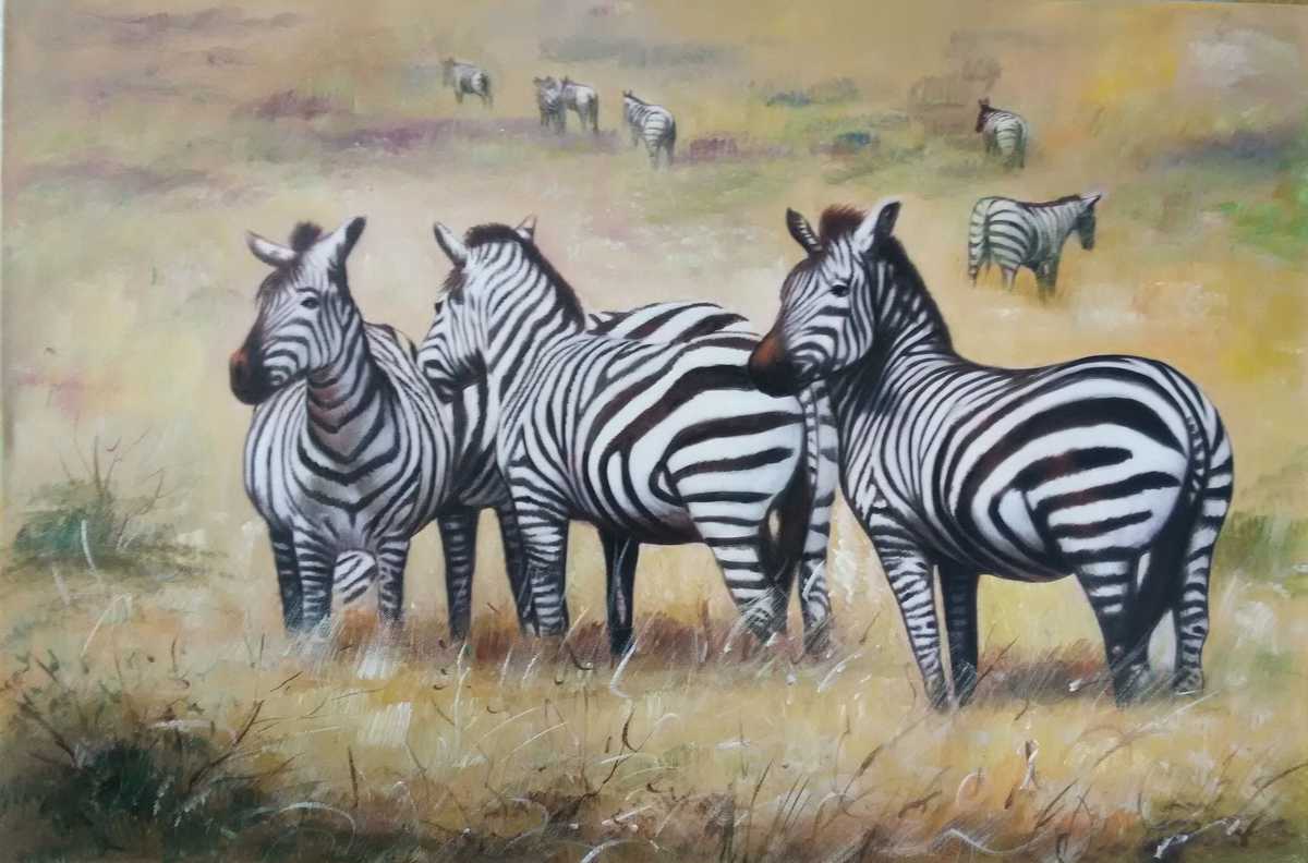 Handgemaltes Ölgemälde (Tiere) - "Zebras in Safari"