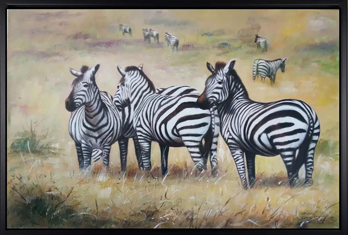 Handgemaltes Ölgemälde (Tiere) - "Zebras in Safari" (mit schwarzem Rahmen)