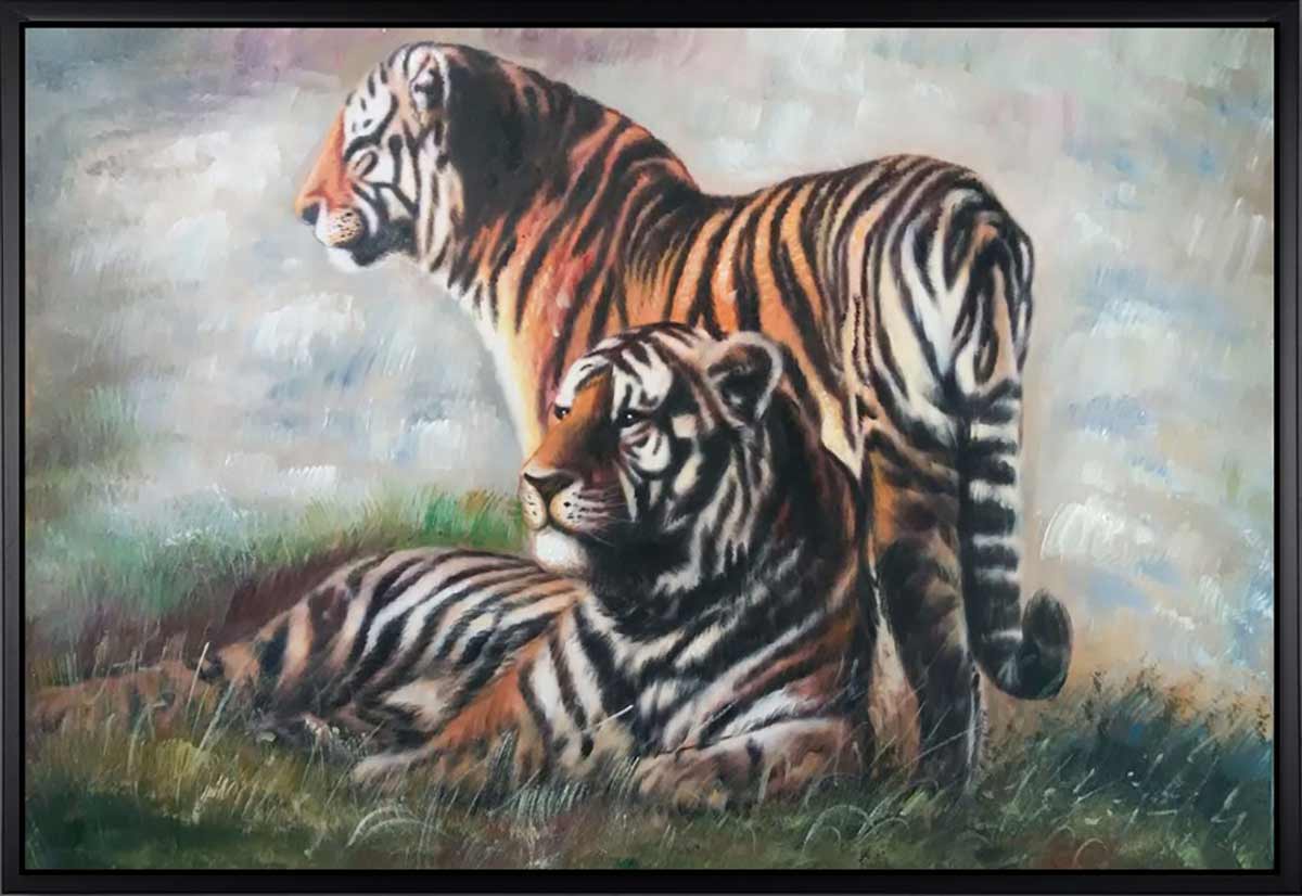 Handgemaltes Ölgemälde (Tiere) - "Magnificent Tigers" (mit schwarzem Rahmen)