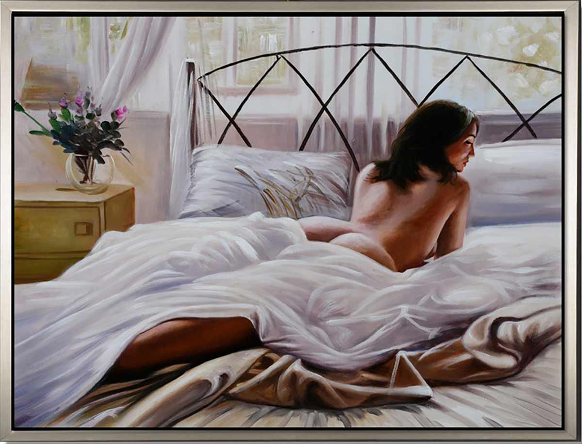Handgemaltes Ölgemälde (Portraits) - "Lady in Bed" (mit silbernem Rahmen)