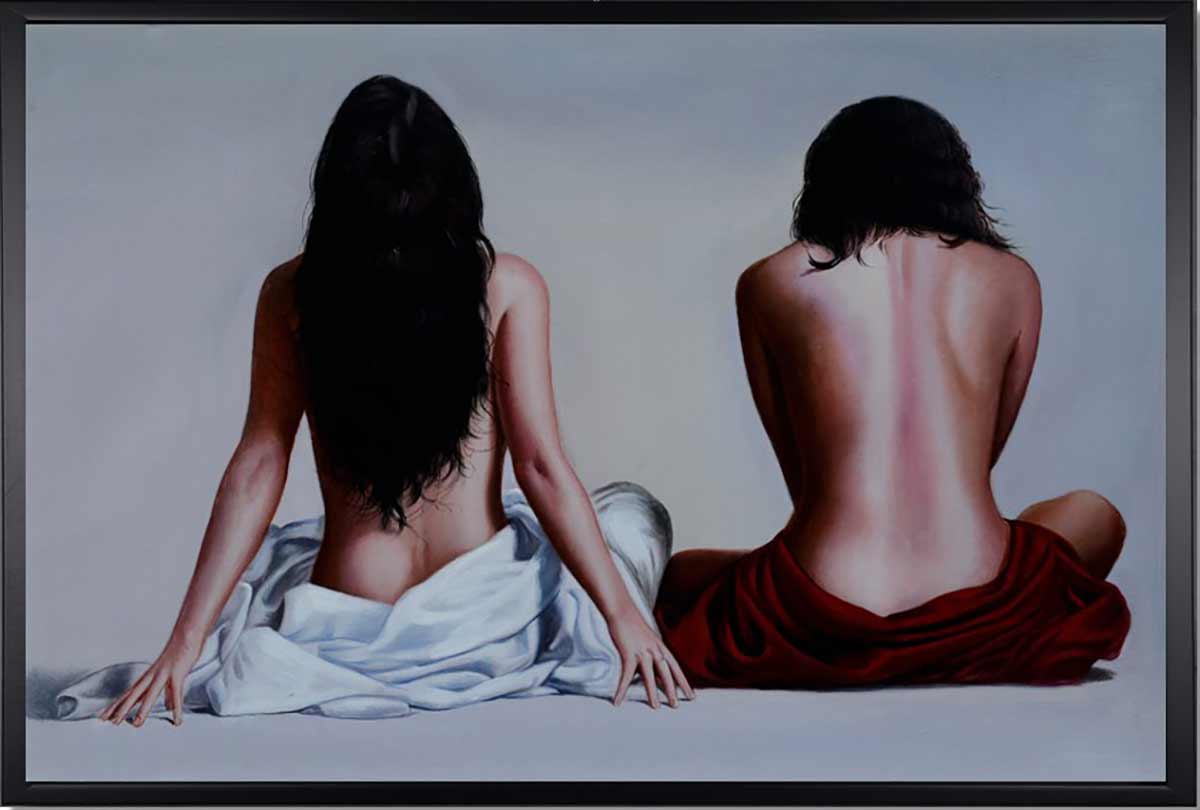 Handgemaltes Ölgemälde (Portraits) - "Back View" (mit schwarzem Rahmen)