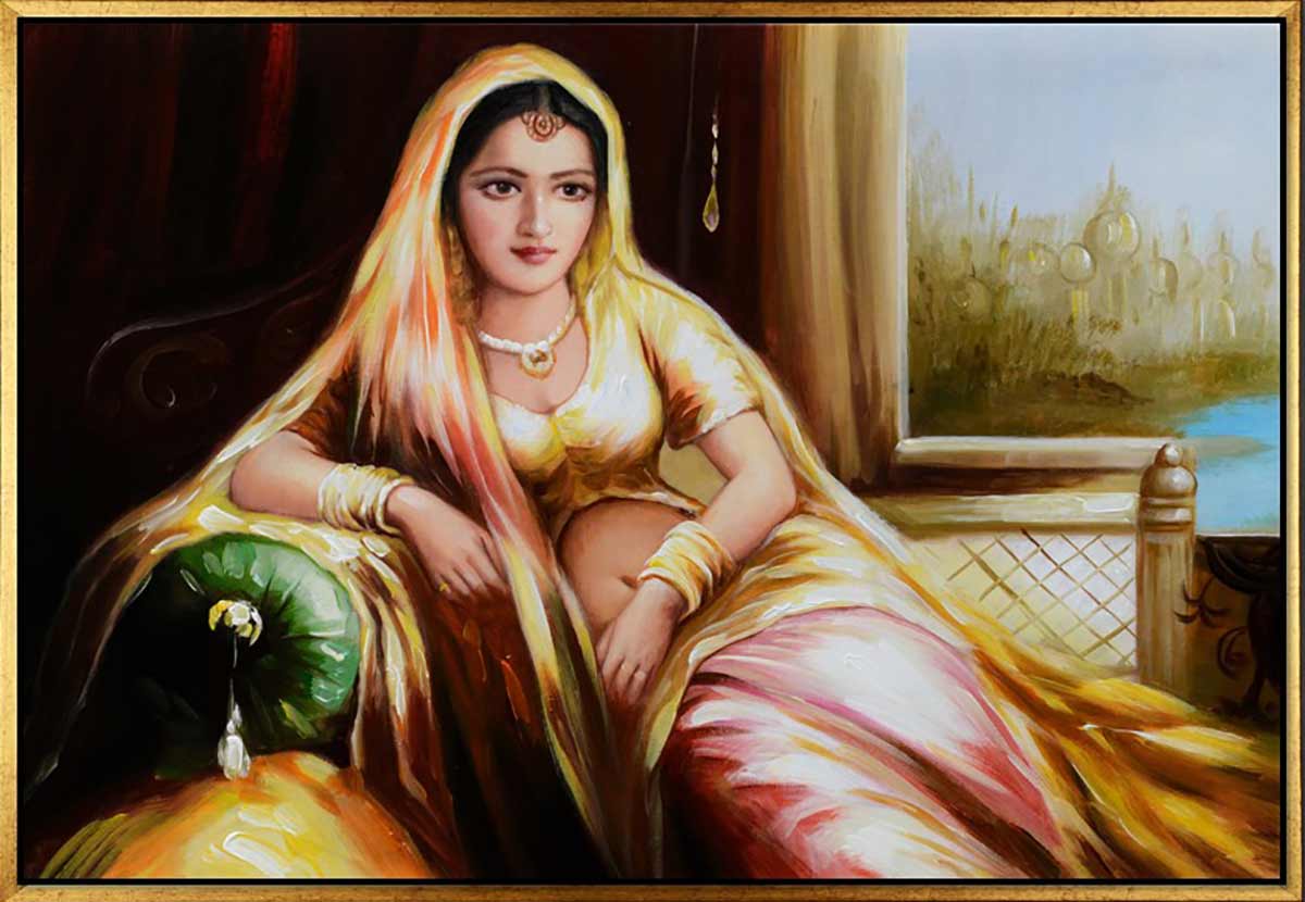 Handgemaltes Ölgemälde (Portraits) - "Indian Maharani" (mit goldenem Rahmen)