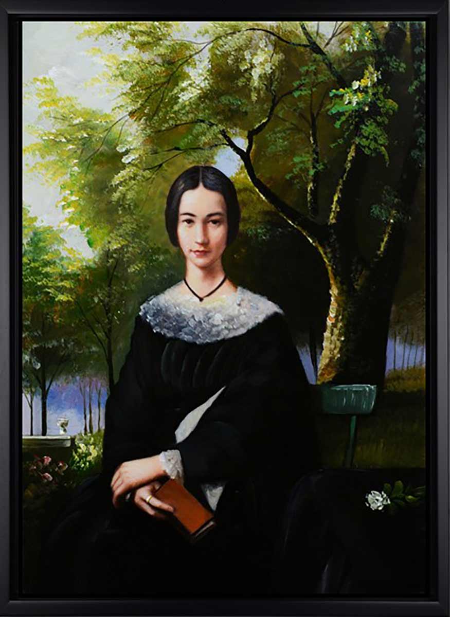 Handgemaltes Ölgemälde (Portraits) - "Lady in Garden" (mit schwarzem Rahmen)