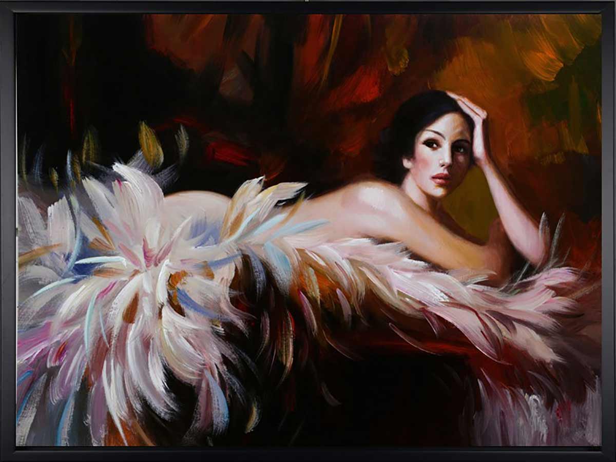 Handgemaltes Ölgemälde (Portraits) - "Lady in Feathers" (mit schwarzem Rahmen)