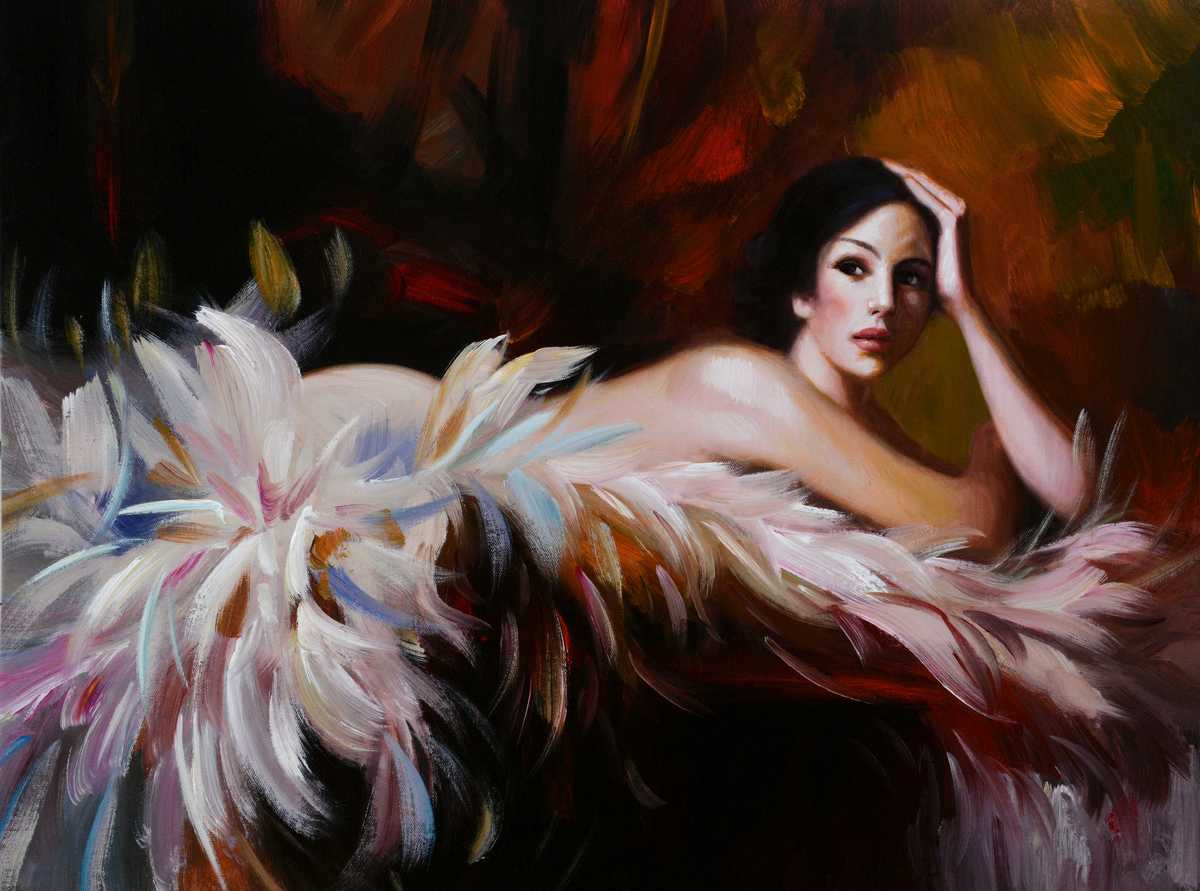 Handgemaltes Ölgemälde (Portraits) - "Lady in Feathers"