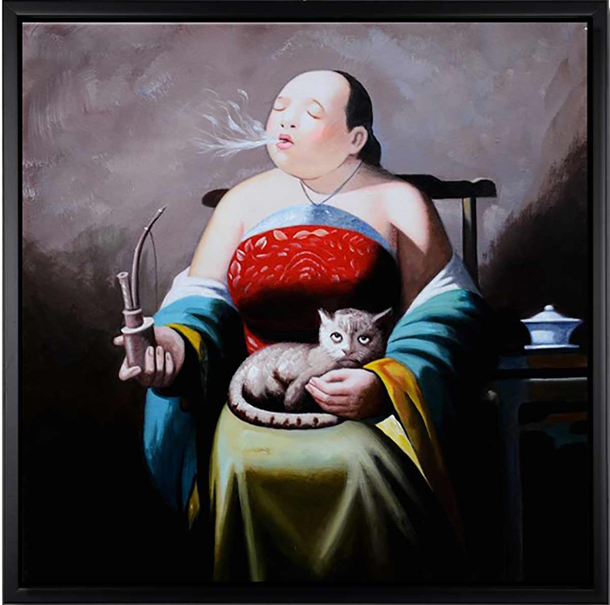 Handgemaltes Ölgemälde (Portraits) - "Leisure Lady 1" (mit schwarzem Rahmen)