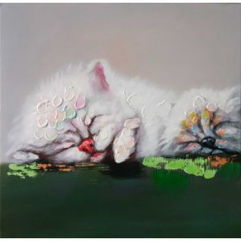Dozing Kitty - Tiere Handgemaltes Ölgemälde ohne Rahmen