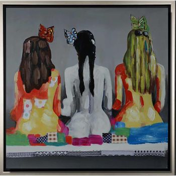 Three Girls in a Row - Portraits Handgemaltes Ölgemälde mit silbernem Rahmen