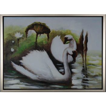 Swans in Lake - Tiere Handgemaltes Ölgemälde mit silbernem Rahmen Swans in Lake - Tiere Handgemaltes Ölgemälde mit silbernem Rahmen