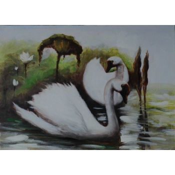 Swans in Lake - Tiere Handgemaltes Ölgemälde Swans in Lake - Tiere Handgemaltes Ölgemälde