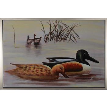 Ducks in Lake - Tiere Handgemaltes Ölgemälde mit silbernem Rahmen Ducks in Lake - Tiere Handgemaltes Ölgemälde mit silbernem Rahmen