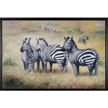 Zebras in Safari - Tiere Handgemaltes Ölgemälde mit schwarzem Rahmen Zebras in Safari - Tiere Handgemaltes Ölgemälde mit schwarzem Rahmen