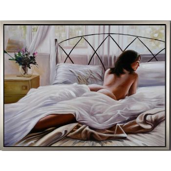 Lady in Bed - Portraits Handgemaltes Ölgemälde mit silbernem Rahmen