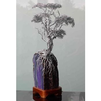 Kunst-Skulptur - Agate Fire – Bonsaibaum aus Aluminiumdraht in einem Achat-Stein verwurzelt  Kunst-Skulptur - Agate Fire – Bonsaibaum aus Aluminiumdraht in einem Achat-Stein verwurzelt