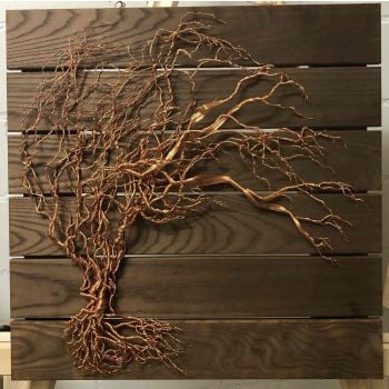 Kunst-Skulptur - All In Me - Kupferdrahtbaum auf Holz - Wiretree-Wanddekoration  Kunst-Skulptur - All In Me - Kupferdrahtbaum auf Holz - Wiretree-Wanddekoration