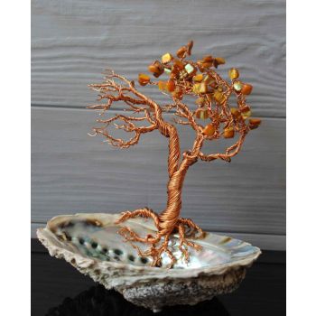 Kunst-Skulptur - Light Shell - Kupferdraht-Baum in einer Muschel verwurzelt, mit Perlmutt Steinen Kunst-Skulptur - Light Shell - Kupferdraht-Baum in einer Muschel verwurzelt, mit Perlmutt Steinen
