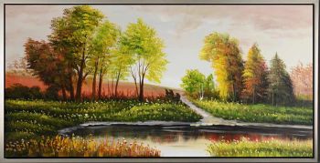 Serene - Landschaften Handgemaltes Ölgemälde mit silbernem Rahmen