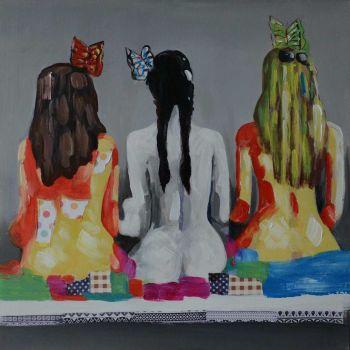 Three Girls in a Row - Portraits Handgemaltes Ölgemälde ohne Rahmen