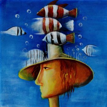 Fishes in my Head - Allgemein Handgemaltes Ölgemälde ohne Rahmen