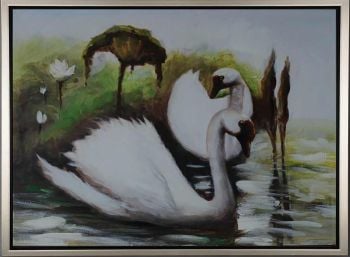 Swans in Lake - Tiere Handgemaltes Ölgemälde mit silbernem Rahmen
