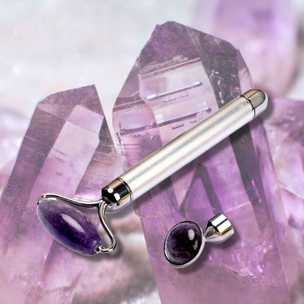 Vibrierender Gesichtsmassageroller aus Edelstein – mit Batterie in Amethyst