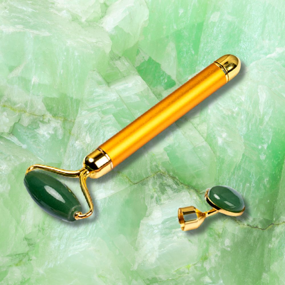 Vibrierender Gesichtsmassageroller aus Edelstein – mit Batterie in Jade