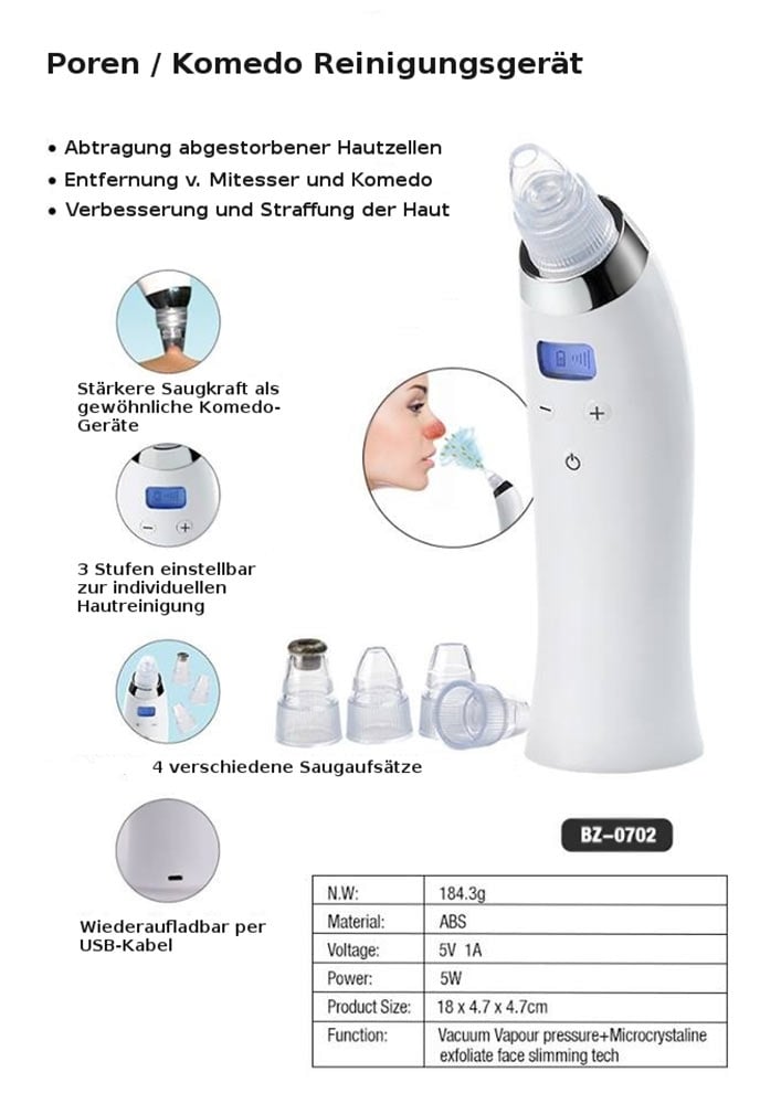 Highlights zum 4 in 1 Multifunktion Poren-Reinigungsgerät mit Mikrodermabrasion Diamant Aufsatz