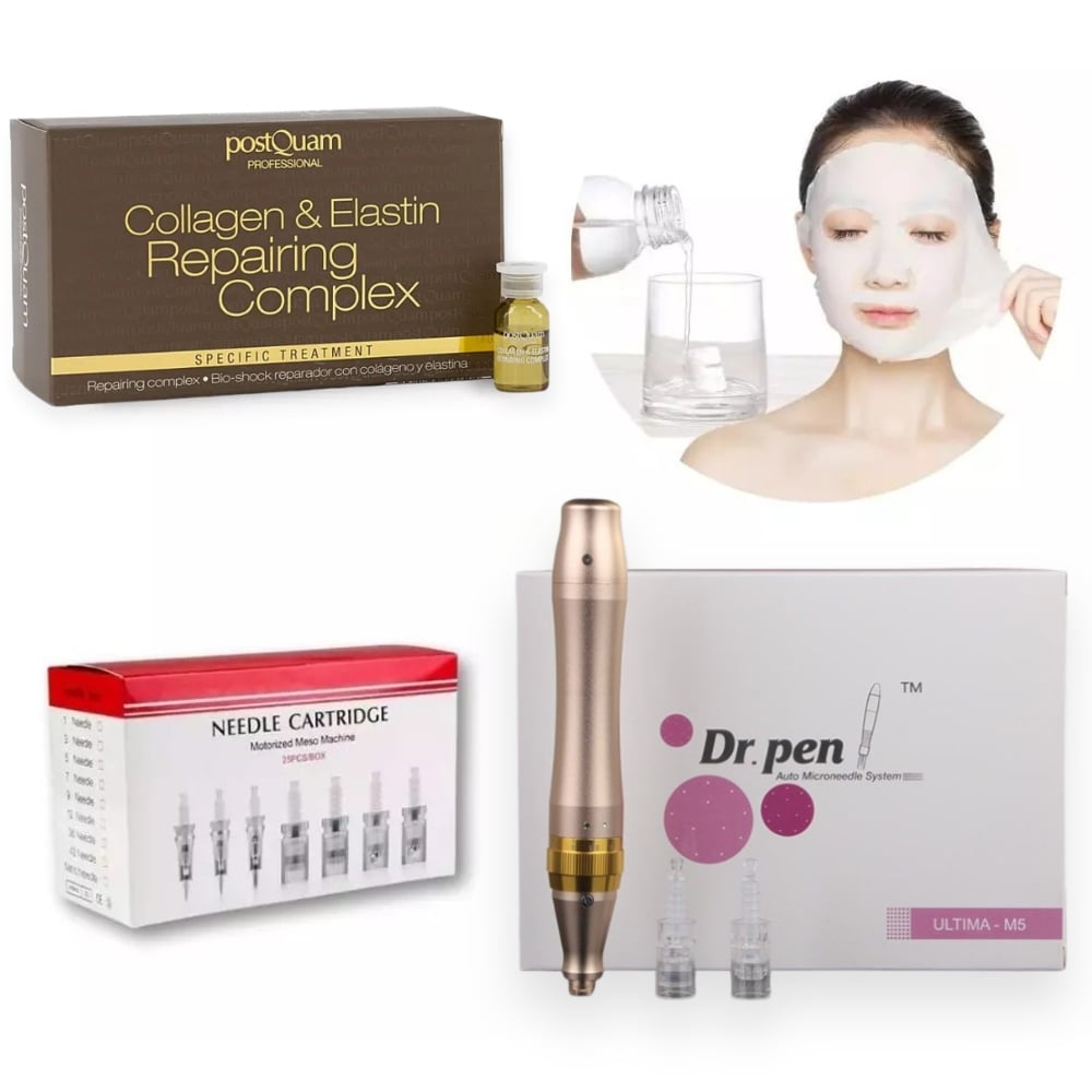 Professionelles Mesotherapie Gesichtspflege Set mit Dr. Pen Dermapen - in Farbe Gold und Repair-Kur Ampullen